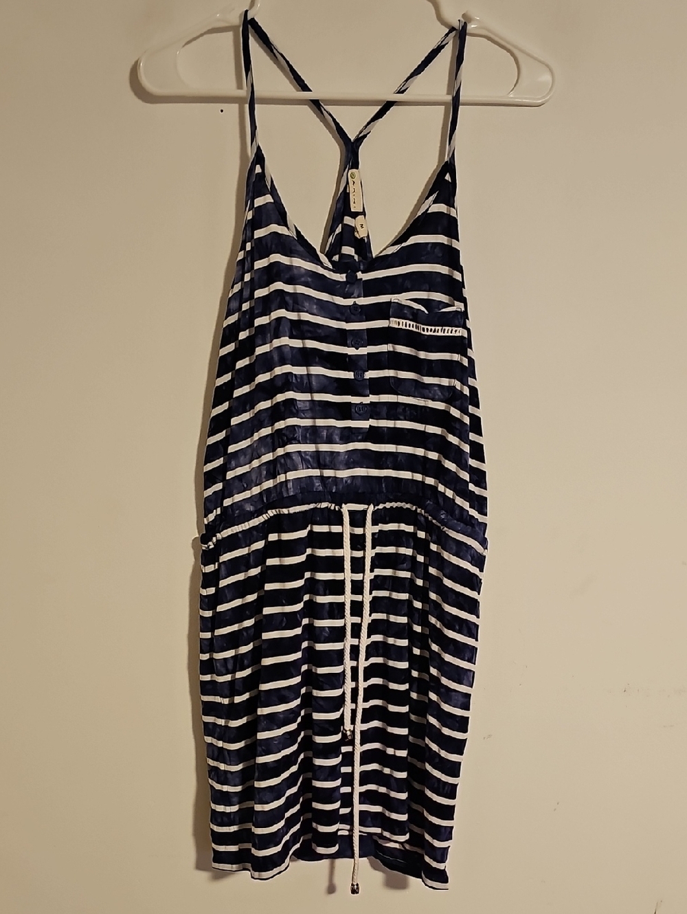 Dakini Navy & White Striped Spaghetti‑Strap Drawstring Mini Dress